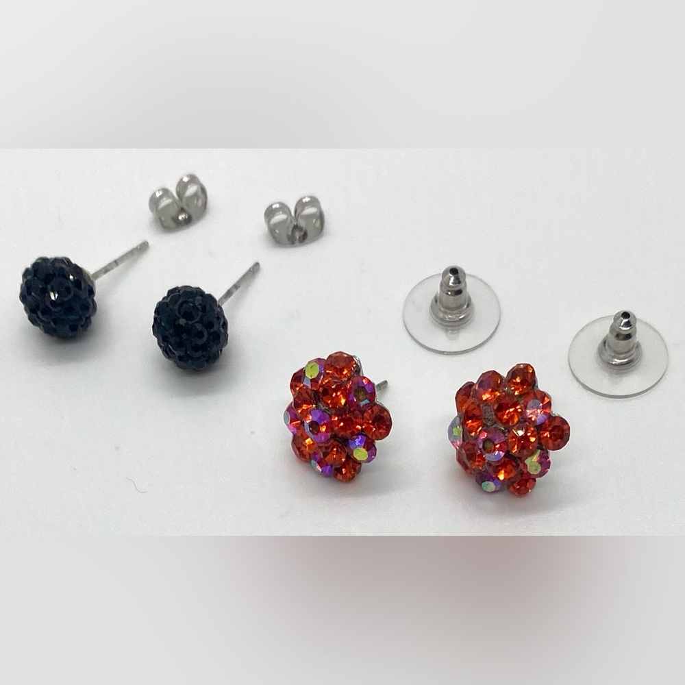 Black & Orange Red Rhinestone Bling Stud Earrings Retro Whimsigoth Fairy Party - Picture 7 of 13